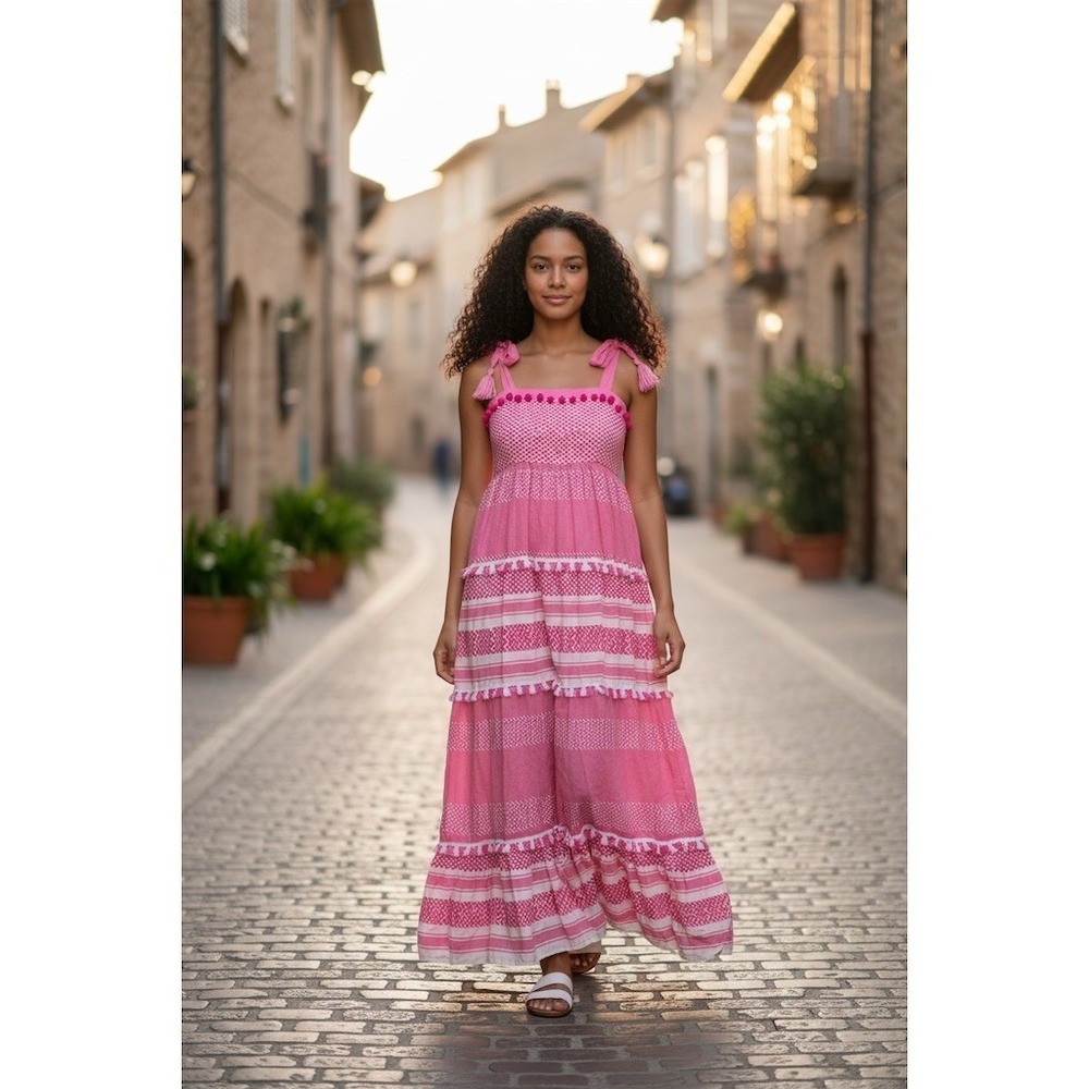 Crown & Ivy Dress Womens S Pink Tiered Maxi Boho Tassel Pom Pom Trim milkmaid